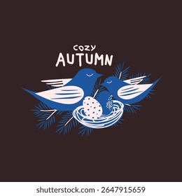 Autumn cozy forest animals folk poster. Vintage blue line autumn card with cute little birds, nest, eggs and text Cozy Autumn. Natural background for sticker, poster, print, badges