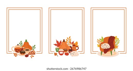 Autumn cozy frame.Warm fall collection with tea, coffee, blanket and cat and soft armchair. Vector flat cartoon illustration