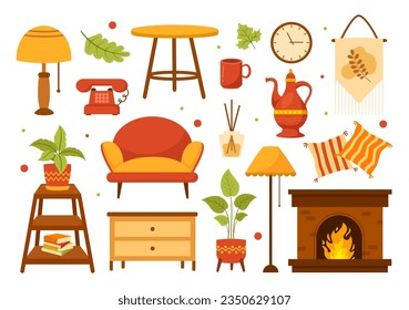 Ilustración de vectores de decoración casera acogedora de otoño con mobiliario interior de sala de estar Elementos de fondo de caricatura plana plantillas dibujadas a mano