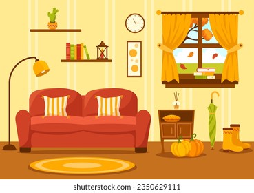 Autumn Cozy Home Decor Vector Illustration with Living Room Interior Furniture Background Elements in Flat Cartoon Hand Drawn Templates