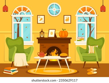 Autumn Cozy Home Decor Vector Illustration with Living Room Interior Furniture Background Elements in Flat Cartoon Hand Drawn Templates