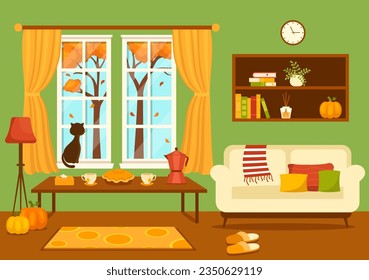 Autumn Cozy Home Decor Vector Illustration with Living Room Interior Furniture Background Elements in Flat Cartoon Hand Drawn Templates