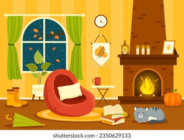 Autumn Cozy Home Decor Vector Illustration with Living Room Interior Furniture Background Elements in Flat Cartoon Hand Drawn Templates