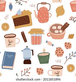 Autumn cozy home elements seamless pattern, endless texture. Pumpkin pie, book, cocoa cup, kettle, candle and branches. Flat hand drawn vector illustration.