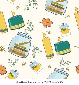 Autumn cozy home elements seamless pattern, endless texture. candle and cookies in pot. Flat hand drawn vector illustration. Copy paste