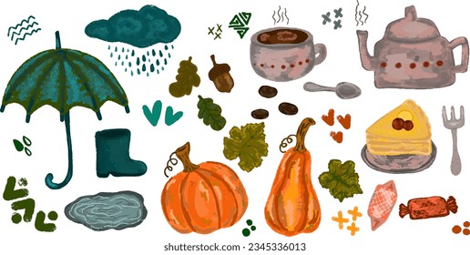 Autumn cozy home set of many items. Vector texture elements