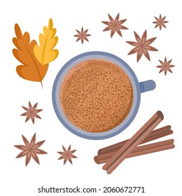 Autumn cozy home still life with fallen leaves, hot steaming cup of tea or coffee. Spicy coffee. Cocoa. Black tea. Spicy tea. Autumn drink
