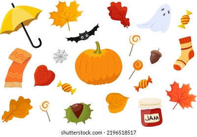 Elegantes iconos de otoño. Temporada de otoño. Decoración de Halloween. Hojas y objetos de otoño para la decoración. Ilustración del vector