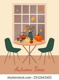 Autumn cozy illustration on rainy autumn background. Tea, honey, pumpkin, apples, vase with autumn bouquet on the table, leaves. Autumn mood. Warm colors.