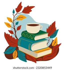 Acogedora ilustración de otoño. Una pila de libros y una taza de té. Hojas de otoño. Ilustración vectorial al estilo de las caricaturas.