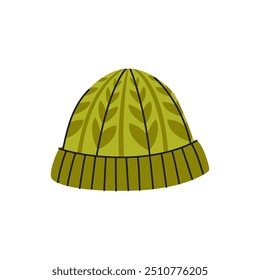 Autumn cozy knitted green hat isolated on a white background. Stylish outwear for fall season. Vector flat illustration. Outwear for cold weather