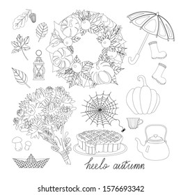 Autumn cozy line set. Wreath of leaves, pumpkins and apples, bouquet of asters, cup of tea, pie, umbrella, rubber boots, spider web, fallen leaves, acorn, lantern, mushroom.
