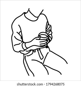 Autumn Cozy mood concept. line art female or male silhouette with a warming drink in hands. abstraction. For your creative design. Modern hand drawn vector illustration isolated on white background
