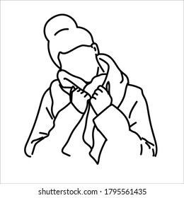 Autumn Cozy mood concept. line art female Wrapped up in her scarf, enjoying the autumn weather.abstraction. For your creative design. Modern hand drawn vector illustration isolated on white background