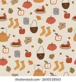 Autumn cozy pattern with cute items. seamless pattern. Vector illustration for decoration designs. Background with candle, teapot, cup, socks, bag, cake and leaves