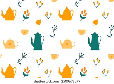 autumn cozy pattern with cute multi-colored teapots and autumn leaves