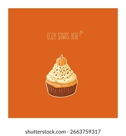 Acogedora postal de otoño con cupcake de otoño. Vector.