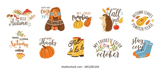 Autumn cozy quotes vector illustration set isolated on white background. Cute cartoon fall sticker with hedgehog, sweet girl with hot tea, yellow rubber boots, socks, mushroom and other.