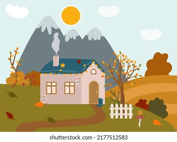 Autumn cozy rural house in the mountains. Cute rustic landscape with a white fence, tree, bushes, lawn. Vector illustration of a falling day outside the city.
