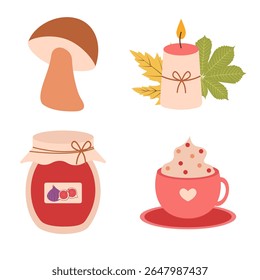 Autumn cozy scene vector set -  mushroom, candle, jar of jam and hot chocolate cup in flat style. Hand drawn illustration for banners, cards, social media
