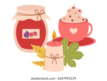 Autumn cozy scene vector set with candle, jar of jam and hot chocolate cup in flat style. Hand drawn illustration for cards, social media, banners