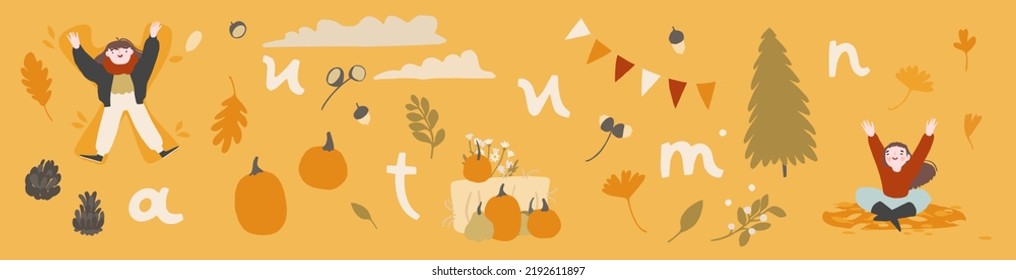 Autumn cozy scenes, elements and symbols collection. Fall set with cute people enjoy Fall season, isolated. Autumn sticker set decorative elements. Flat cartoon style vector
