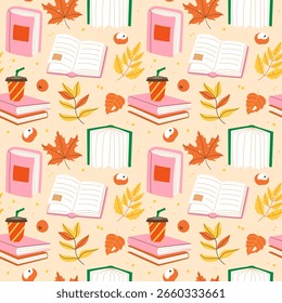 Otoño acogedor patrón sin fisuras con libros y hojas en un estilo plano sobre un fondo blanco