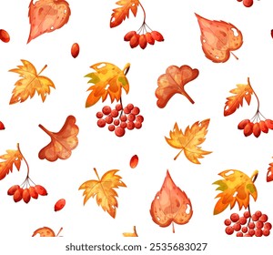 Patrón sin fisuras acogedor del otoño con las hojas doradas secas y la baya roja