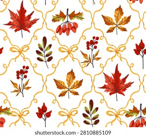 Autumn cozy seamless pattern with dry yellow leaves and ribbon. Fall hand drawn wallpaper