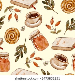 Autumn cozy seamless pattern with jam, tea, bun, autumnal book background