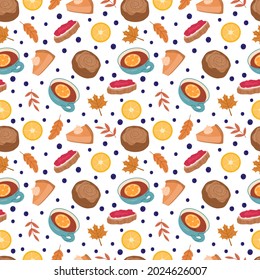 Autumn cozy seamless pattern with pumpkin pie,lemons,tea,berries and leaves. 