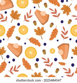 Autumn cozy seamless pattern with pumpkin pie,lemons,berries and leaves. Cute background for textiles, wrapping paper.