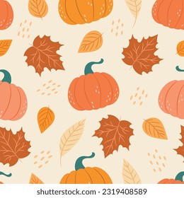 Autumn cozy seamless pattern with pumpkins and leaves. Vector illustration