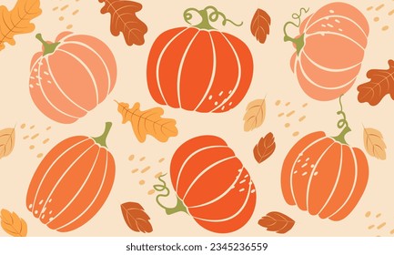 Autumn cozy seamless pattern with pumpkins and leaves. Vector illustration. Pumpkin seamless pattern, hand drawing pink and orange pumpkin on cream color background, vector illustration.