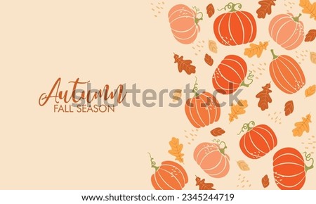 Autumn cozy seamless pattern with pumpkins and leaves. Vector illustration. Pumpkin seamless pattern, hand drawing pink and orange pumpkin on cream color background, vector illustration.