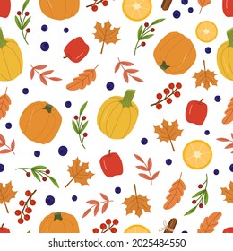 Autumn cozy seamless pattern with pumpkins,apples,lemons,berries and leaves. 