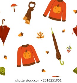 Patrón sin costuras acogedor del otoño. Suéter, paraguas y ropa de abrigo. Ilustración vectorial. Colección colorida de la estación aislada en un fondo blanco
