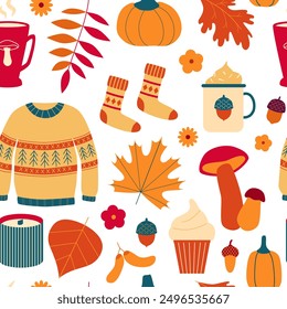 Patrón sin costuras acogedor del otoño. Suéter feo, calcetines, hojas de otoño, calabaza, velas, bebidas calientes, champiñones. A Hygge. Fondo de Vector de otoño, Fondo de pantalla, telón de fondo.