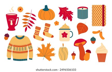 Autumn cozy season clipart. Ugly sweater, socks, fall leaves, pumpkin, candles, hot drinks, mushrooms. Hygge. Vector doodles isolated on white.