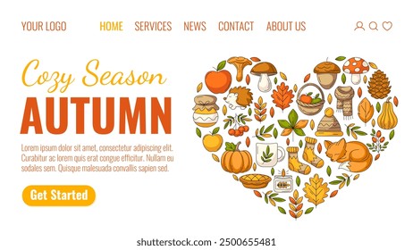 Autumn cozy season, landing page vector template. Colorful heart shape design from seasonal fall elements, food, clothes and animals. For website, web, online, banner, advertising, promotion