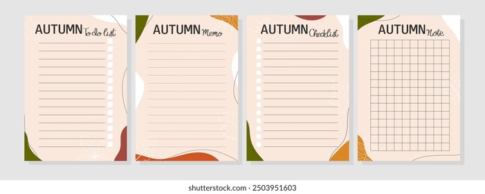 Autumn cozy set of To do list, Note, Memo, Checklist in boho modern style. Vector illustration for agenda, planners, notebooks, cards and other stationery. Layout A5