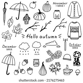 Autumn cozy set of doodle elements. Hand drawn isolated sweaters, cup of tea, umbrellas, leaves, pumpkins, clouds. Cute autumn vector illustration.