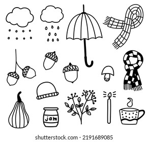 Autumn cozy set of doodle elements. Hand drawn isolated scarves, umbrella, acorns, clouds, candel . Cute autumn outline vector illustration