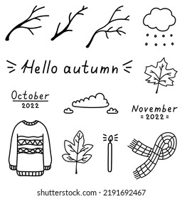 Autumn cozy set of doodle elements. Hand drawn isolated scarf, branches, leaves, clouds, candel. Hello autumn outline vector illustration