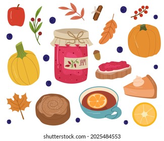 Autumn cozy set with jam,tea,bun,pumpkins,apple,leaves and berries.