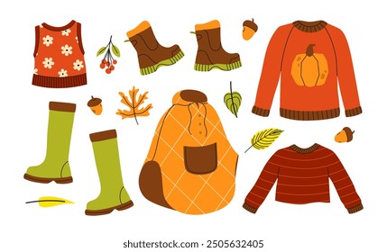 Autumn cozy set with sweater, coat and rubber boots. Vector illustration. Colorful season collection isolated on a white background
