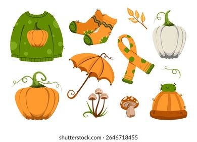 Autumn cozy set with sweater, socks, scarf, pumpkins. Vector illustration. Colorful seasonal collection isolated on white background