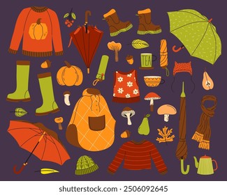 Autumn cozy set with sweater, umbrellas, and mushrooms. Vector illustration. Colorful season collection isolated on a dark background