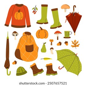 Autumn cozy set with sweater, umbrellas and mushrooms. Vector illustration. Colorful season collection isolated on a white background