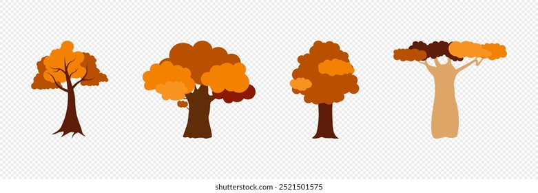 Otoño, conjunto acogedor Árboles de hojas, y bellotas. Ilustración vectorial.
